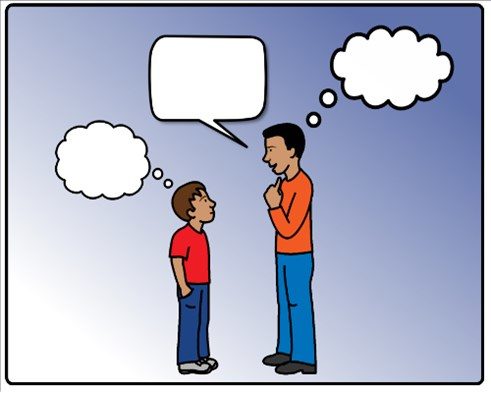 Boardmaker symbol of a comic strip conversation featuring a man and a boy with thought and speech bubbles