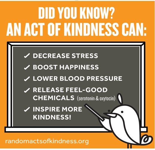 Did you know? An act of kindness can decrease stress, boost happiness, lower blood pressure, release feel-good chemicals, inspire more kindness