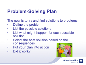 Problem-Solving Plan the goal is to try and find solutions to problems: Define the problem, list the possible solutions, list what migh happen for each possible solution, select the best solution based on the consequences, put your plan into action, did it work?