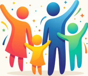 Cartoon drawing of a family with two adults and two children