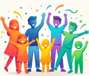 Cartoon image of 7 children of different ages and all waving and looking happy