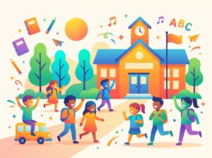 Cartoon image of children and young people in front of a school building, looking like they are all on their way to school