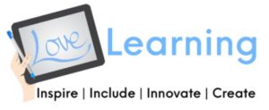 The Logo from the LoveLearning Team. A tablet held up by a hand holding a digital pencil with streamline Inspire, Include, Innovate and Create