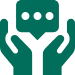 Green decorative icon showing two hands with a speech bubble in the centre.