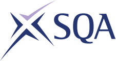 Logo for the scottish qualifications authority. Pale grey background with navy and lilac cross and the letters SQA