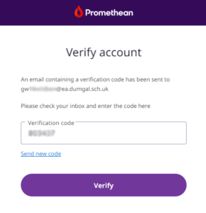 Pop up box for user to enter verification code to verify Promethean account.