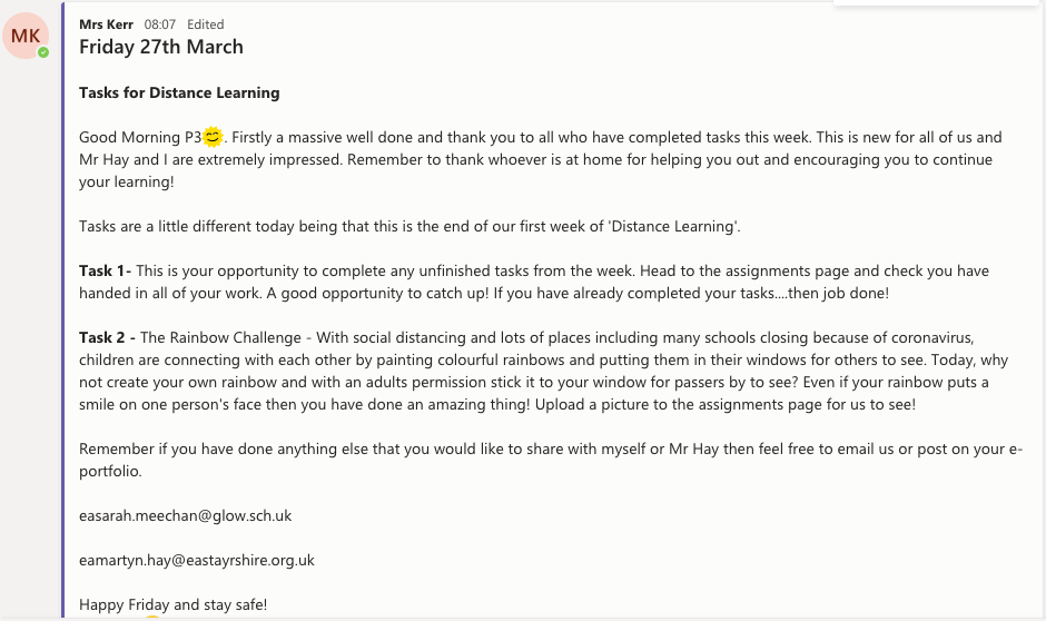Distance Learning – Friday 27th March