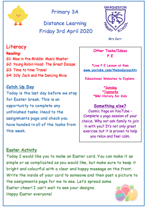 Friday 3rd April – Distance Learning
