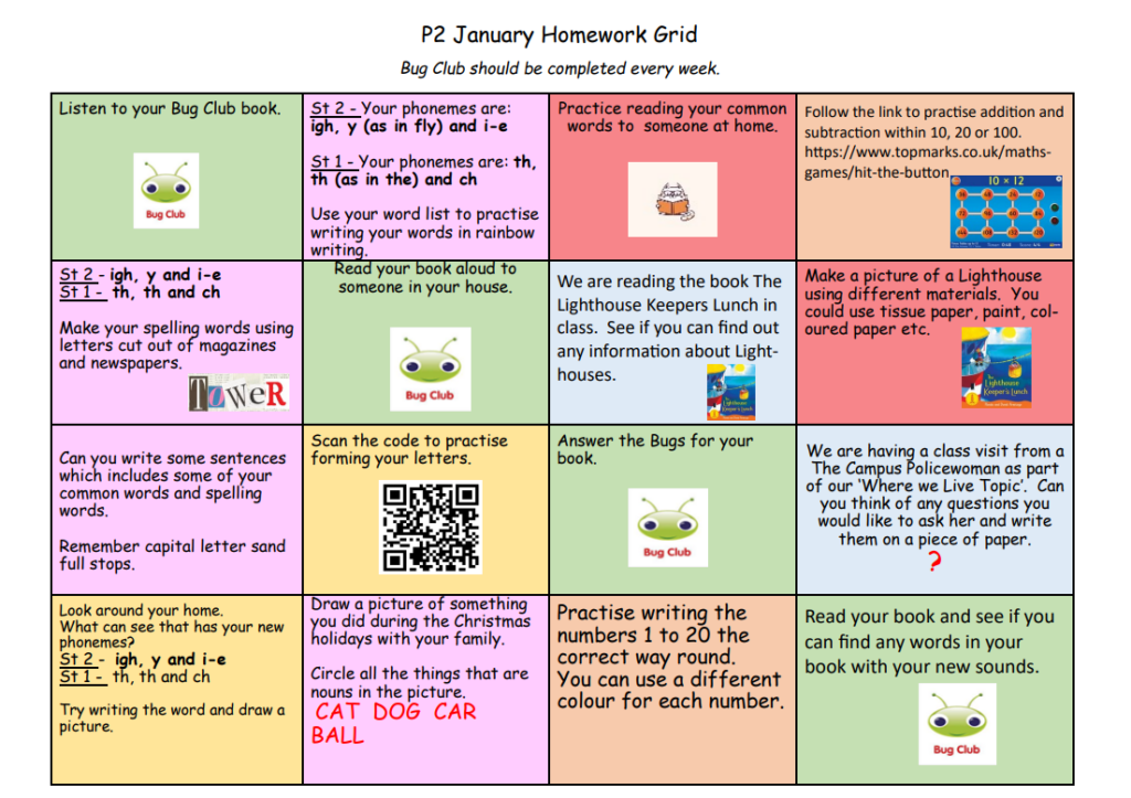 Homework For P2 And P2 3 Classes January 2024 Lochnorris P2A P2K And   January Homework Grid 1024x723 