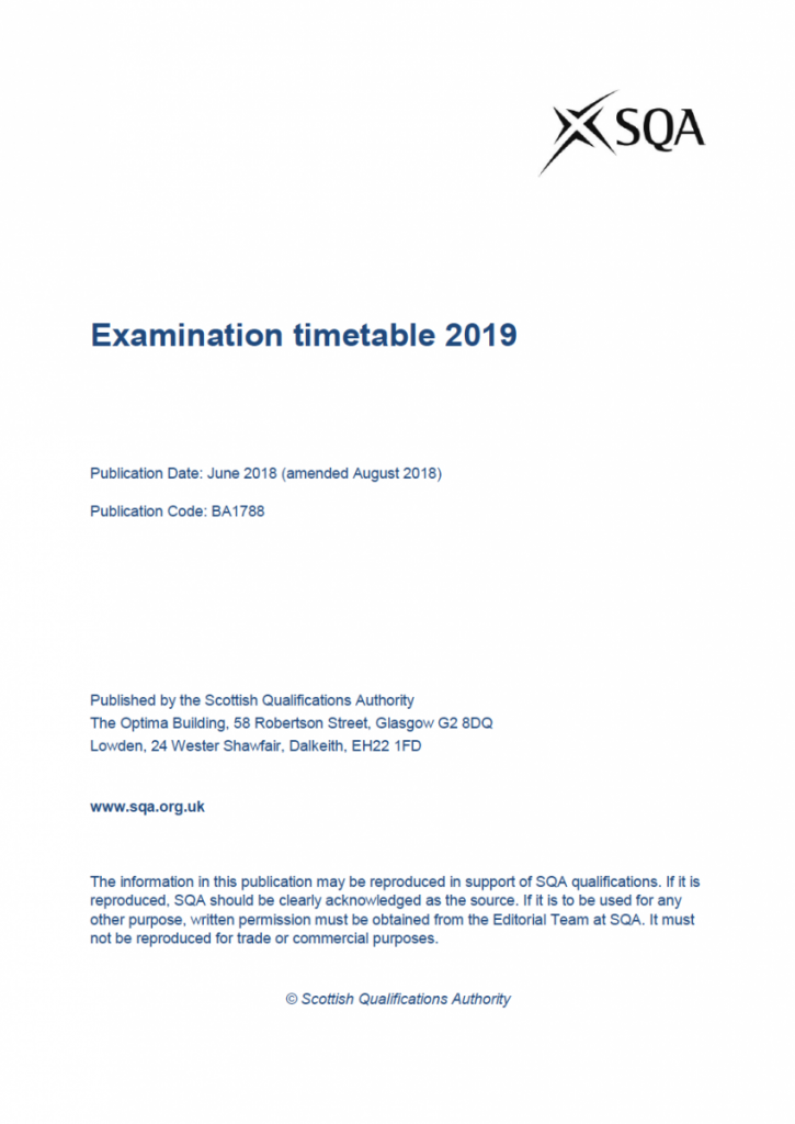 SQA Exam Timetable 2019