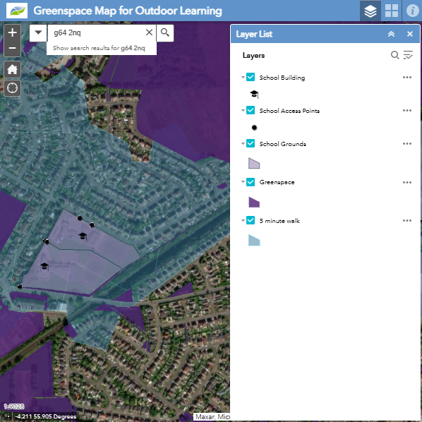 A sample of the NatureScot Greenspace map for a school in East Dunbartonshire.
