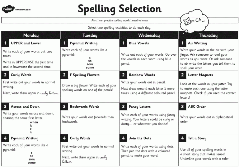 spelling tasks for homework