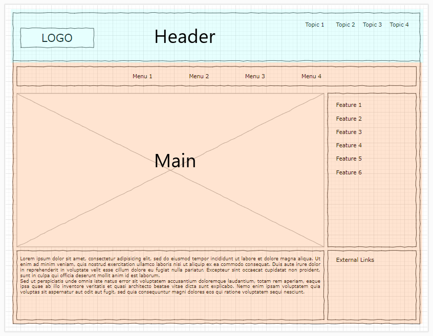 Example wireframe with header and main identified