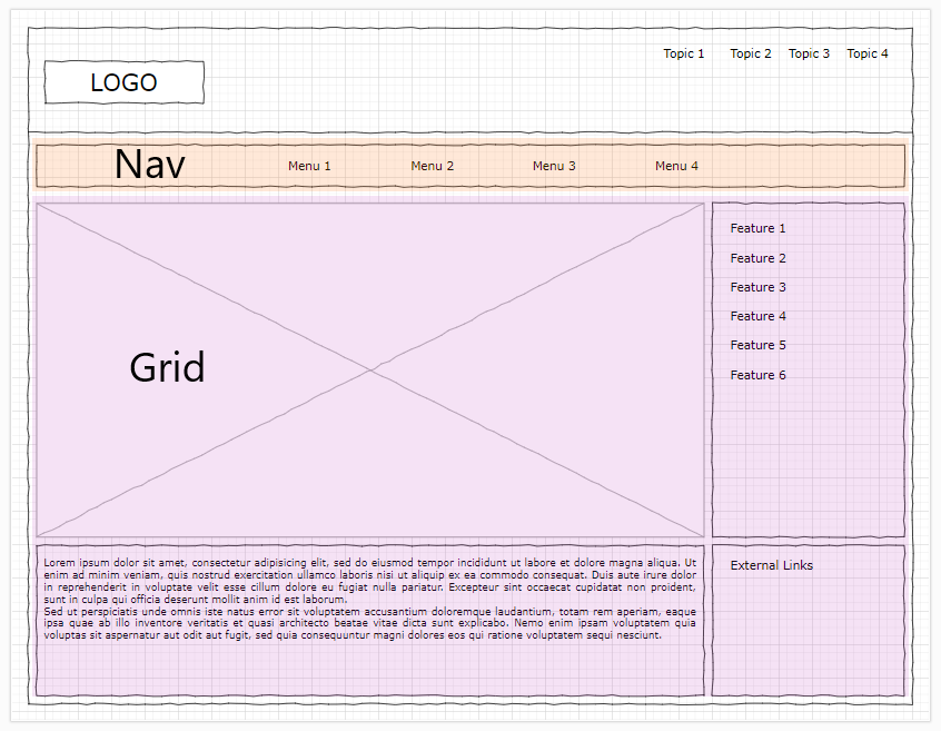 Example wireframe with nav and grid identified