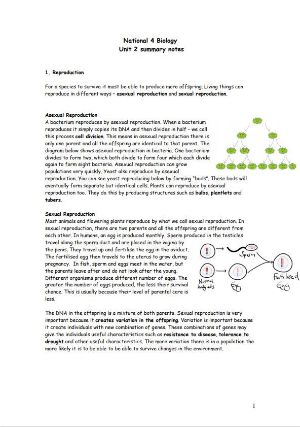 National 4 Biology Unit 2 - Multicellular Organisms Notes