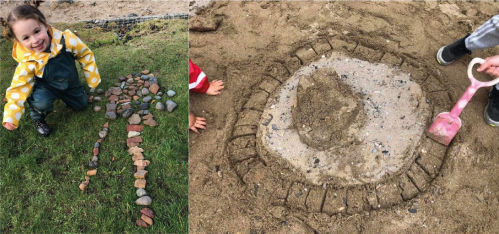 Children creating patterns using beach resources.
