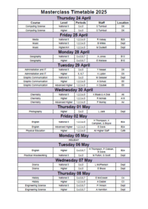 Kirkcaldy High School Masterclass Timetable - 2025