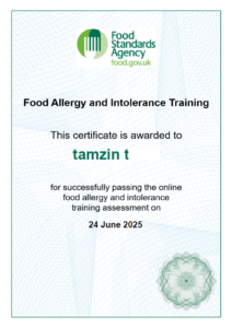 Tamzin T's Food Health Certificate