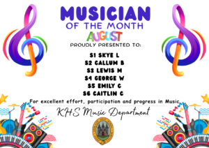 MUSIC Pupil Recognition! August Musician of the Month has been award to

S1 Skye L 🎵 💫
S2 Callum B🎵 💫
S3 Lewis M🎵 💫
S4 George W🎵 💫
S5 Emily C🎵 💫
S6 Caitlin C🎵 💫

for excellent effort, participation and progress. Congratulations!