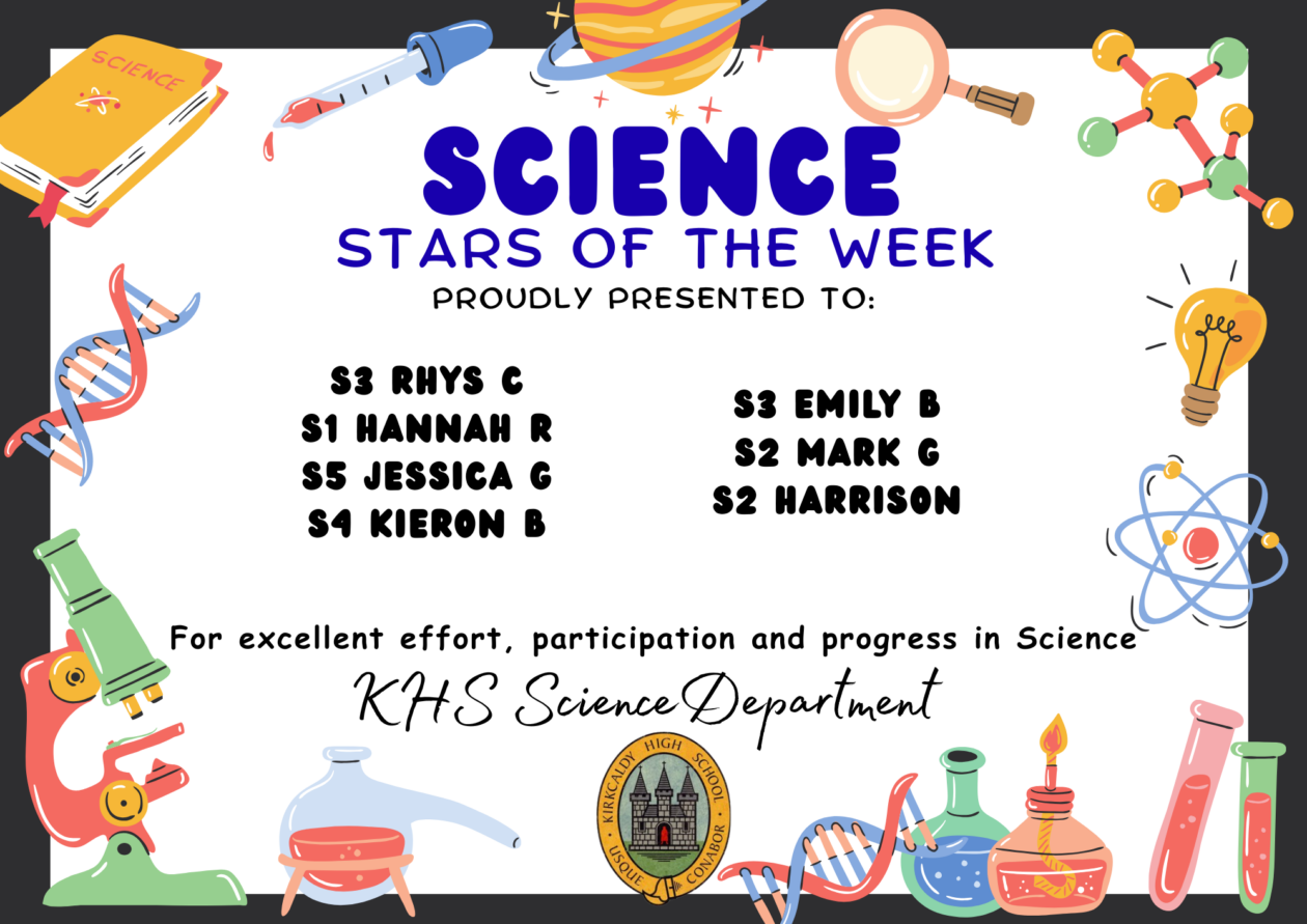 SCIENCE STARS OF THE WEEK PROUDLY PRESENTED TO: S3 Rhys C S1 Hannah R S5 Jessica G S4 Kieron B S3 Emily B S2 Mark G S2 Harrison. For excellent effort, participation and progress in Science. KHS Science Department.