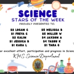 SCIENCE STARS OF THE WEEK PROUDLY PRESENTED TO: ⭐ S3 Logan C ⭐ S1 Freya C ⭐ S2 Kalin ⭐ S1 Jessica B ⭐ S1 Kara L ⭐ S5 Melissa B ⭐ S5 Miller W ⭐ S4 Jaxson A ⭐ S4 Yashu K ⭐ S1 Tara G. For excellent effort, participation and progress in Science. KHS Science Department.