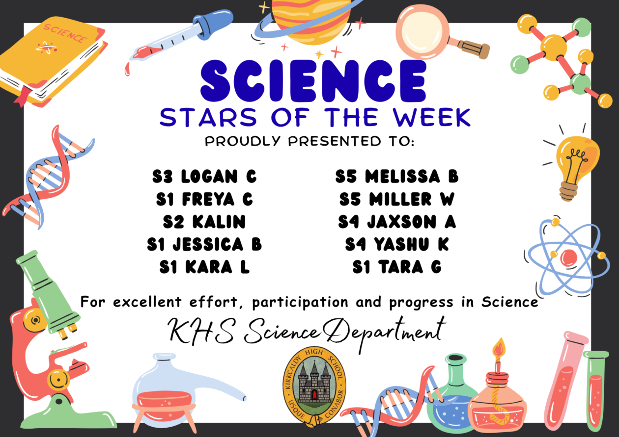 SCIENCE STARS OF THE WEEK PROUDLY PRESENTED TO: ⭐ S3 Logan C ⭐ S1 Freya C ⭐ S2 Kalin ⭐ S1 Jessica B ⭐ S1 Kara L ⭐ S5 Melissa B ⭐ S5 Miller W ⭐ S4 Jaxson A ⭐ S4 Yashu K ⭐ S1 Tara G. For excellent effort, participation and progress in Science. KHS Science Department.