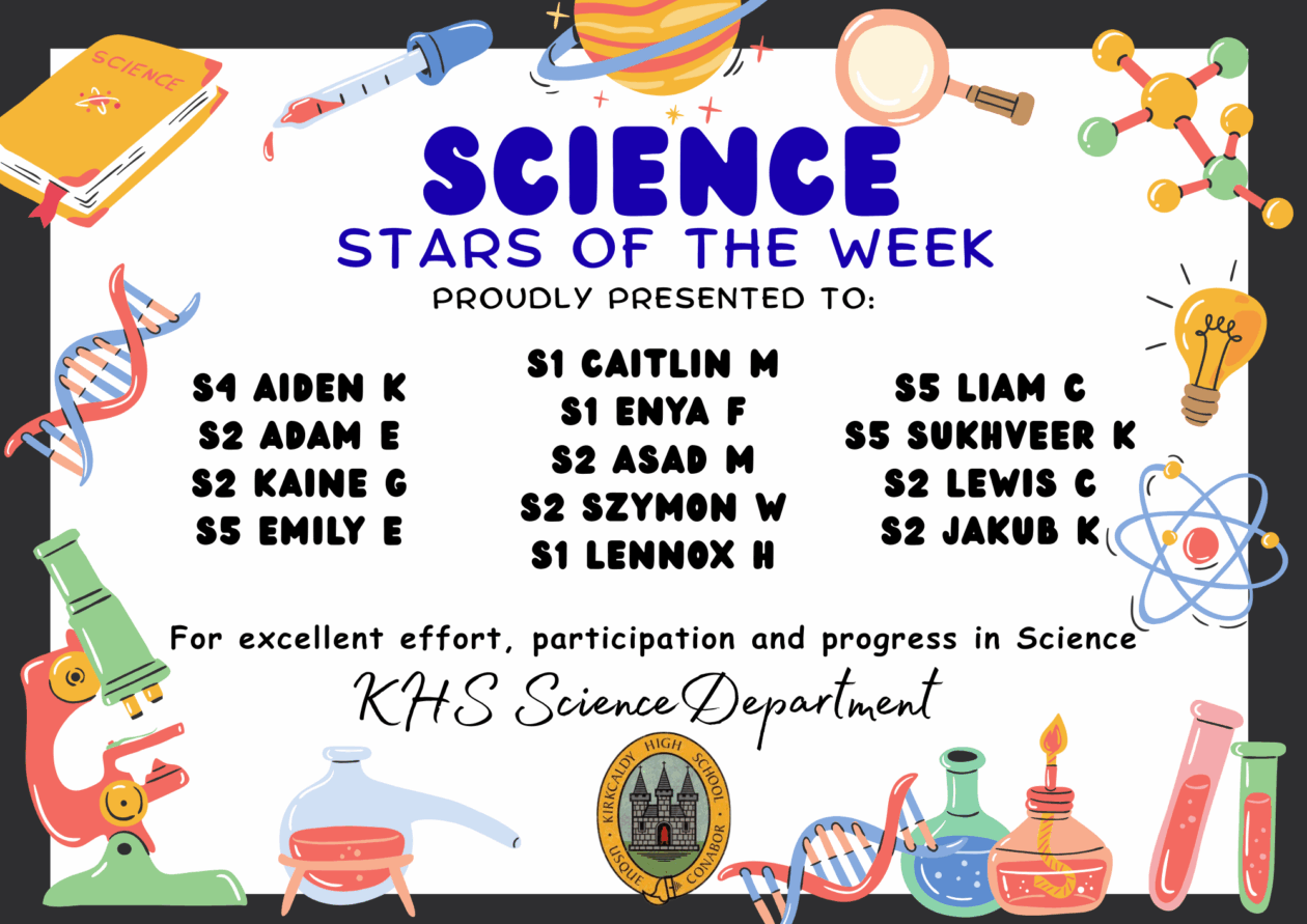 SCIENCE STARS OF THE WEEK PROUDLY PRESENTED TO: ⭐ S4 Aiden K ⭐S2 Adam E ⭐S2 Kaine G ⭐S5 Emily E ⭐S5 Liam C ⭐S5 Sukhveer K ⭐S2 Lewis C ⭐S2 Jakub K ⭐S1 Caitlin M ⭐S1 Enya F ⭐S2 Asad M ⭐S2 Szymon W ⭐S1 Lennox H For excellent effort, participation and progress in Science. KHS Science Department.
