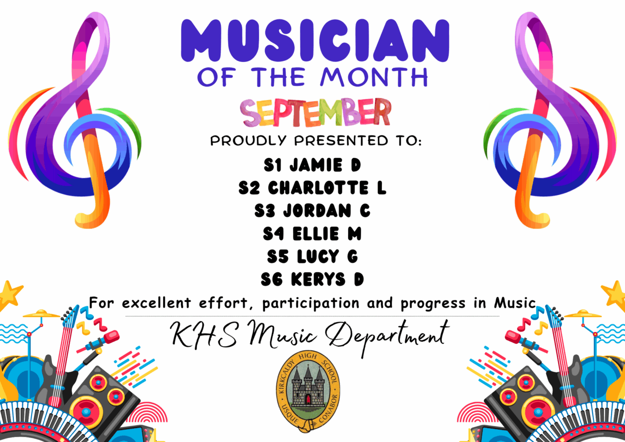 MUSIC Pupil Recognition! August Musician of the Month has been award to S1 Jamie D 🎵 💫 S2 Charlotte L🎵 💫 S3 Jordan C🎵 💫 S4 Ellie M🎵 💫 S5 Lucy G🎵 💫 S6 Kerys D 🎵 💫 for excellent effort, participation and progress. Congratulations!