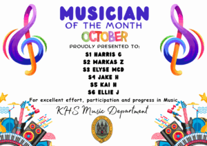 MUSICIAN OF THE MONTH OCTOBER PROUDLY PRESENTED TO

S1 Harris G🎵 💫
S2 Markas Z🎵 💫
S3 Elyse McD🎵 💫
S4 Jake H🎵 💫
S5 Kai H🎵 💫
S6 Ellie J 🎵 💫

for excellent effort, participation and progress in Music. KHS Music Department.