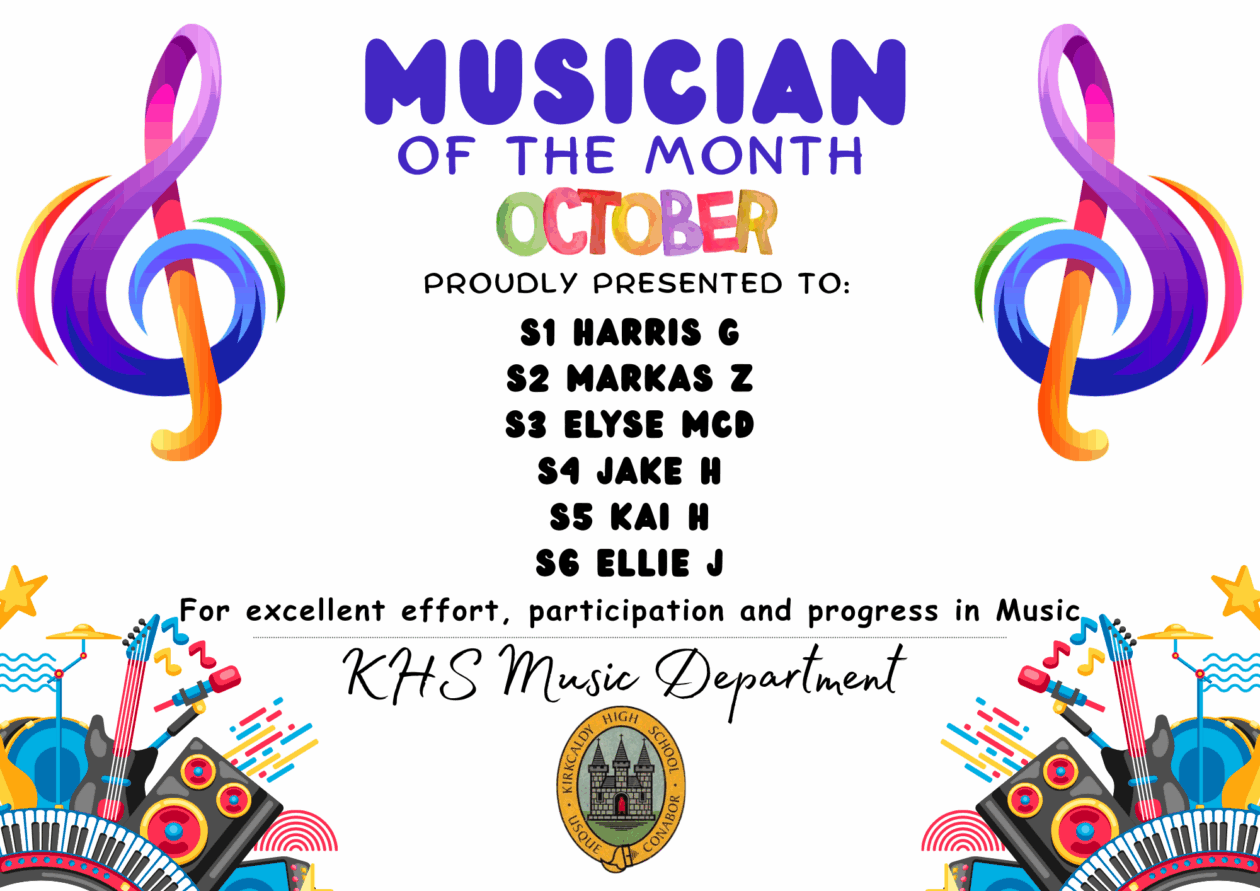 MUSICIAN OF THE MONTH SEPTEMBER PROUDLY PRESENTED TO S1 Harris G🎵 💫 S2 Markas Z🎵 💫 S3 Elyse McD🎵 💫 S4 Jake H🎵 💫 S5 Kai H🎵 💫 S6 Ellie J 🎵 💫 for excellent effort, participation and progress in Music. KHS Music Department.