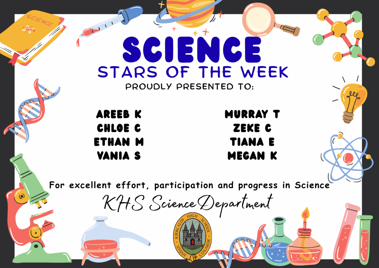 SCIENCE STARS OF THE WEEK PROUDLY PRESENTED TO: ⭐ Areeb K ⭐ Chloe C ⭐ Ethan M ⭐ Vania S ⭐ Murray T ⭐ Zeke C ⭐ Tiana E ⭐ Megan K For excellent effort, participation and progress in Science. KHS Science Department.