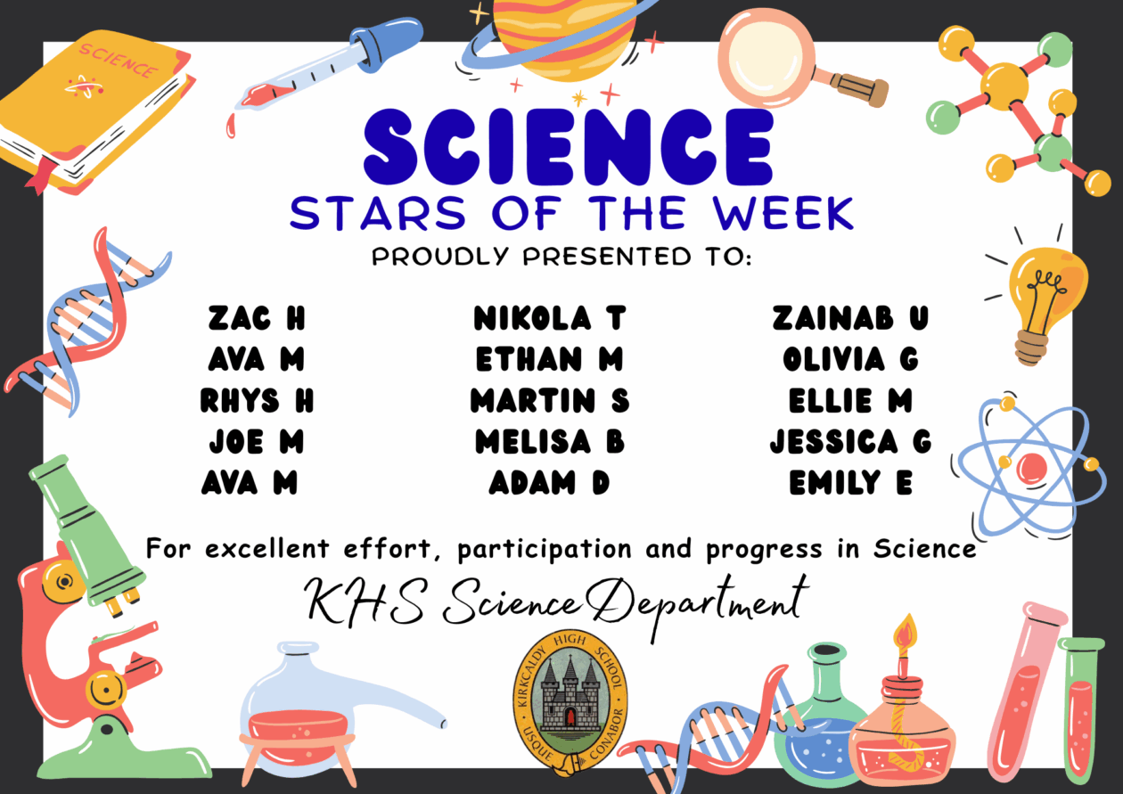 SCIENCE STARS OF THE WEEK PROUDLY PRESENTED TO: ⭐ Zac H ⭐ Ava M ⭐ Rhys H ⭐ Joe M ⭐ Ava M ⭐ Nikola T ⭐ Ethan M ⭐ Martin S ⭐ Melisa B ⭐ Adam D ⭐ Zainab U ⭐ Olivia G ⭐ Ellie M ⭐ Jessica G ⭐ Emily E For excellent effort, participation and progress in Science. KHS Science Department.