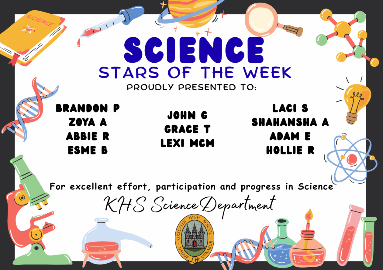 SCIENCE STARS OF THE WEEK PROUDLY PRESENTED TO: ⭐ Brandon P ⭐ Zoya A ⭐ Abbie R ⭐ Esme B ⭐ John G ⭐ Grace T ⭐ Lexi McM ⭐ Laci S ⭐ Shahansha A ⭐ Adam E ⭐ Hollie R For excellent effort, participation and progress in Science. KHS Science Department.