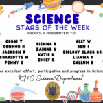 SCIENCE STARS OF THE WEEK PROUDLY PRESENTED TO: 🌟 Cobai T 🌟 Connor H 🌟 Jackson R 🌟 Charlotte M 🌟 Penny G 🌟 Sienna B 🌟 Zainab U 🌟 Katie K 🌟 Emily B 🌟 Ally W 🌟 Ben I 🌟 Biology Class S4.6 🌟 Lianna K 🌟 Callum D For excellent effort, participation and progress in Science. KHS Science Department.