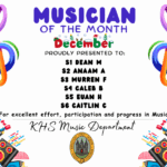 MUSICIAN OF THE MONTH DECEMBER PROUDLY PRESENTED TO Dean M🎵 💫 Anam N🎵 💫 Murren F🎵 💫 Caleb B🎵 💫 Euan H🎵 💫 Caitlin C🎵 💫 for excellent effort, participation and progress in Music. KHS Music Department.
