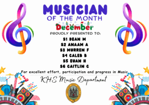 MUSICIAN OF THE MONTH DECEMBER PROUDLY PRESENTED TO

Dean M🎵 💫
Anam N🎵 💫
Murren F🎵 💫
Caleb B🎵 💫
Euan H🎵 💫
Caitlin C🎵 💫

for excellent effort, participation and progress in Music. KHS Music Department.