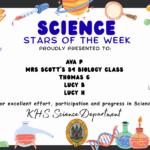 SCIENCE STARS OF THE WEEK PROUDLY PRESENTED TO: 🌟 Ava P 🌟 Mrs Scott's S4 Biology class 🌟 Thomas G 🌟 Lucy B 🌟 Lucy H For excellent effort, participation and progress in Science. KHS Science Department.