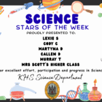 SCIENCE STARS OF THE WEEK PROUDLY PRESENTED TO: 🌟 Lexie S 🌟 Cody C 🌟 Martyna D 🌟 Callen D 🌟 Murray T 🌟 Mrs Scott's Higher Class For excellent effort, participation and progress in Science. KHS Science Department.