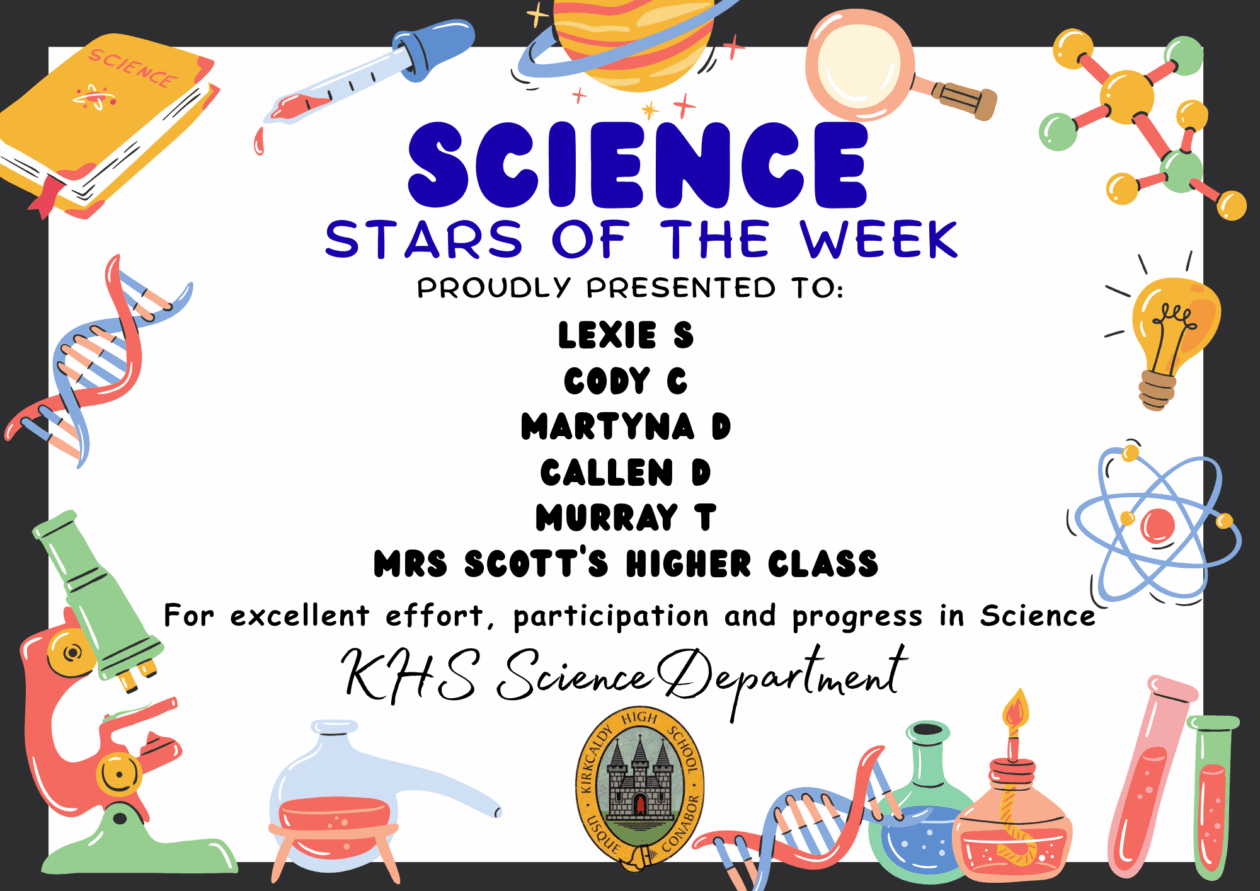 SCIENCE STARS OF THE WEEK PROUDLY PRESENTED TO: 🌟 Lexie S 🌟 Cody C 🌟 Martyna D 🌟 Callen D 🌟 Murray T 🌟 Mrs Scott's Higher Class For excellent effort, participation and progress in Science. KHS Science Department.