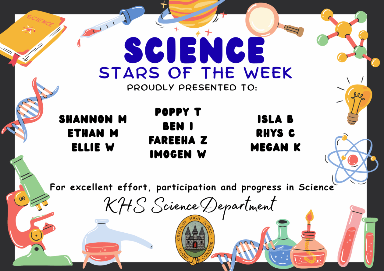 SCIENCE STARS OF THE WEEK PROUDLY PRESENTED TO: 🌟 Shannon M 🌟 Ethan M 🌟 Ellie W 🌟 Poppy T 🌟 Ben I 🌟 Fareeha Z 🌟 Imogen W 🌟 Isla B 🌟 Rhys C 🌟 Megan K For excellent effort, participation and progress in Science. KHS Science Department.