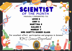 SCIENCE STARS OF THE WEEK PROUDLY PRESENTED TO:

🌟 Lexie S
🌟 Cody C
🌟 Martyna D
🌟 Callen D
🌟 Murray T
🌟 Mrs Scott's Higher Class

For excellent effort, participation and progress in Science. KHS Science Department.