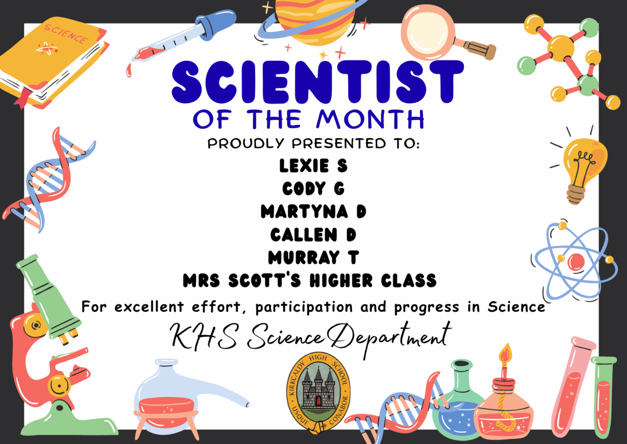 SCIENCE STARS OF THE WEEK PROUDLY PRESENTED TO: 🌟 Lexie S 🌟 Cody C 🌟 Martyna D 🌟 Callen D 🌟 Murray T 🌟 Mrs Scott's Higher Class For excellent effort, participation and progress in Science. KHS Science Department.