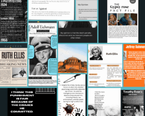 A collage of student-designed posters about crime and punishment, featuring historical criminal cases, capital punishment debates, and figures such as Ruth Ellis, Timothy Evans, Adolf Eichmann, and Jeffrey Dahmer, with text, photographs, and opinion statements.