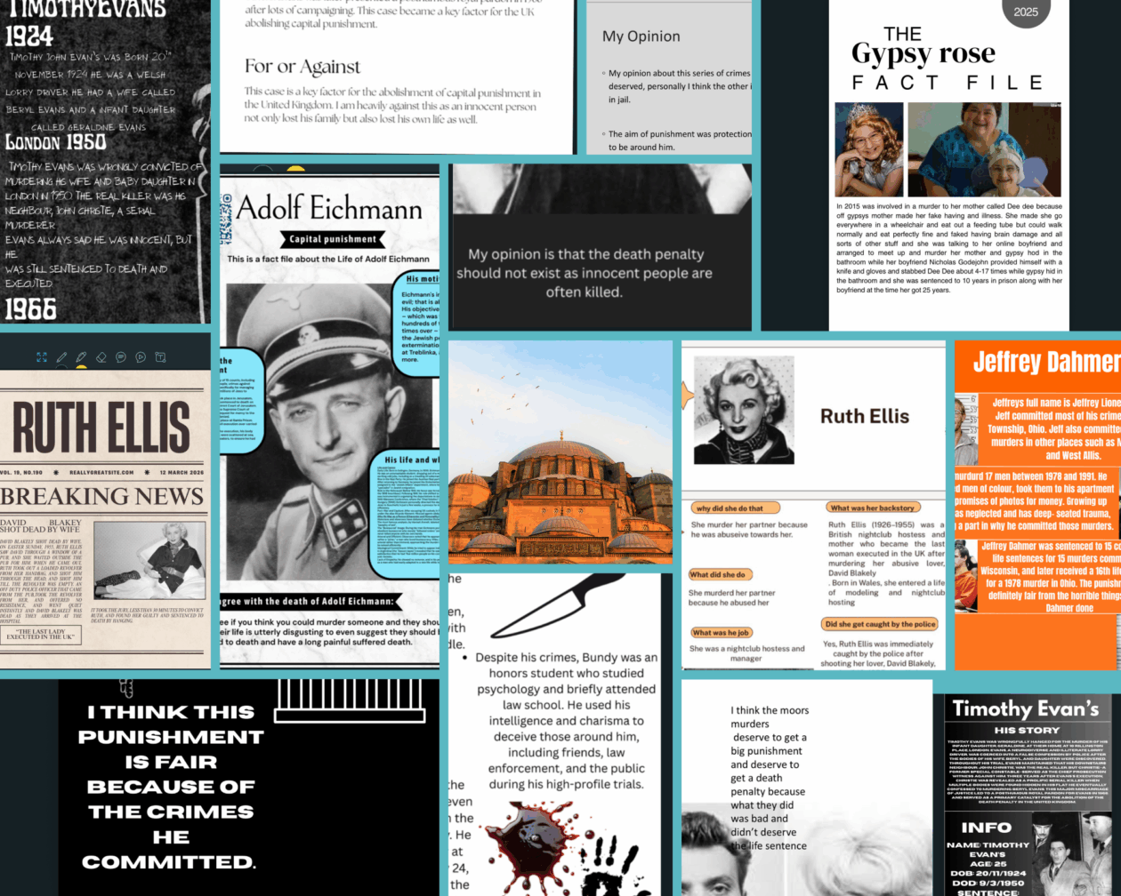 A collage of student-designed posters about crime and punishment, featuring historical criminal cases, capital punishment debates, and figures such as Ruth Ellis, Timothy Evans, Adolf Eichmann, and Jeffrey Dahmer, with text, photographs, and opinion statements.