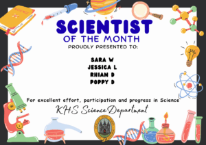 SCIENCE STARS OF THE WEEK PROUDLY PRESENTED TO: 🌟 Sara W
🌟 Jessica L
🌟 Rhian D
🌟 Poppy D For excellent effort, participation and progress in Science. KHS Science Department.
