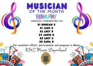MUSICIAN OF THE MONTH FEBRUARY PROUDLY PRESENTED TO

S1 Duncan G🎵 💫
S1 Jack G🎵 💫
S3 Lucy B🎵 💫
S4 Jamie H🎵 💫
S5 Lucy G🎵 💫
S6 Sara H🎵 💫

for excellent effort, participation and progress in Music. KHS Music Department.