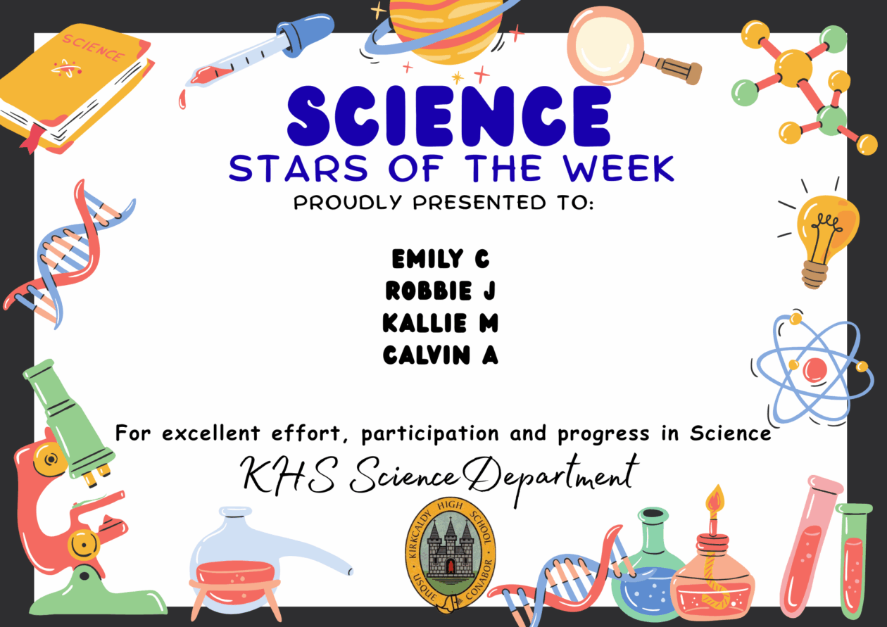 Science Stars of the Week Proudly Presented to: 🌟 Emily C 🌟 Robbie J 🌟 Kallie M 🌟 Calvin A For excellent effort, participation and progress in Science. KHS Science Department.