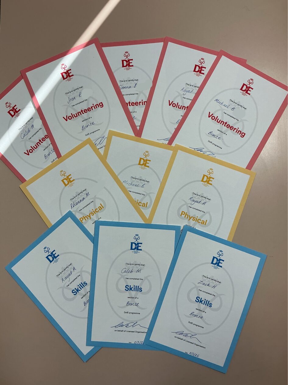 Duke of Edinburgh "Bronze" level certificates.