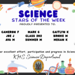 Science Stars of the Week Proudly Presented to: 🌟 Cameron F 🌟 Joe J 🌟 Ava M 🌟 Mark G 🌟 Class 2O2 🌟 Summer M 🌟 Caitlyn K 🌟 Brodie M 🌟 Megan K For excellent effort, participation and progress in Science. KHS Science Department.