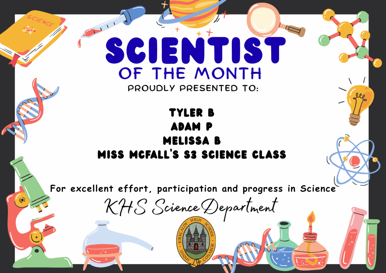 Science Stars of the Week Proudly Presented to: 🌟 Tyler B 🌟 Adam P 🌟 Melissa B 🌟 Miss McFall's S3 Science class For excellent effort, participation and progress in Science. KHS Science Department.